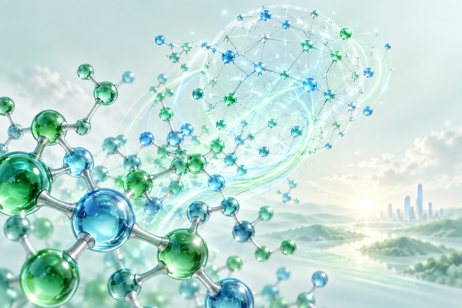 Molecular structures connecting with an AI network, opening the future of chemistry through computation and AI