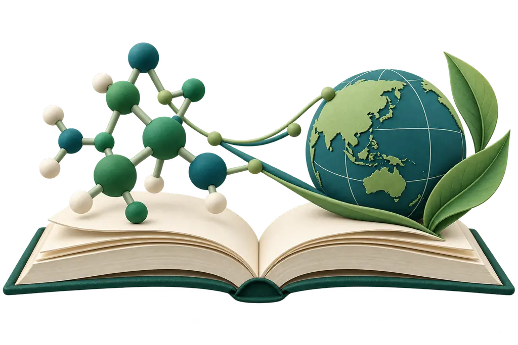 An open book and molecular model connected to a globe and leaves, representing Academic Spirit and Social Spirit